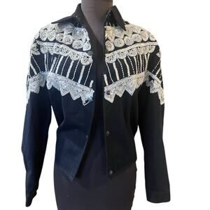 Vtg Western Sequin Beaded Maximalist Denim Jacket Womens Size S Rodeo Festival